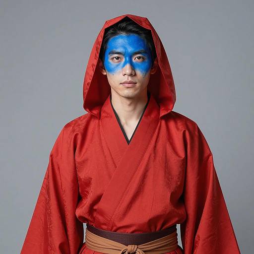 East Asian Man in Red Kimono with Blue Face Paint