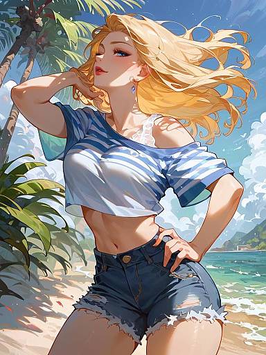 Blonde Woman in Denim Shorts by the Beach