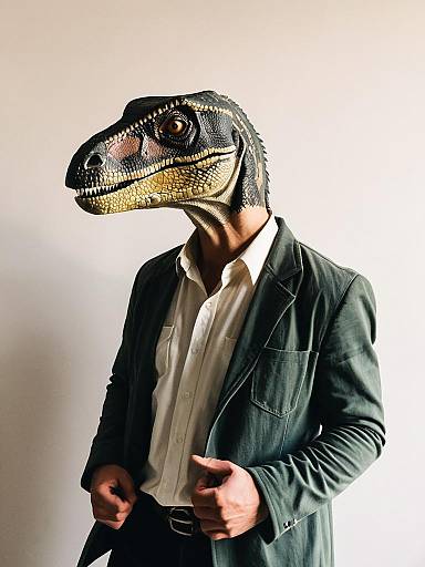 Man Wearing Velociraptor Mask and Blazer