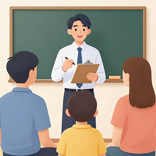 Cartoon-style illustration of a male teacher with black hair, white shirt, and tie, writing on a clipboard, standing in front of a green chalk