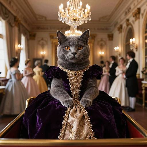 Elegant Cat in Velvet Gown Riding Train