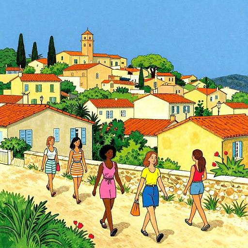 Colorful digital illustration of five teenage girls walking through a sunny Mediterranean village with red-tiled roofs, yellow buildings, and a church tower in the background