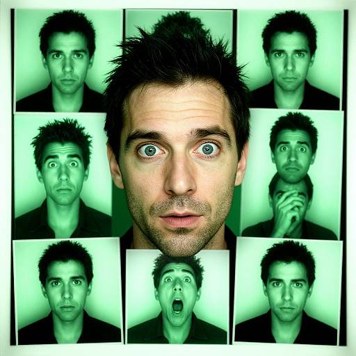Photograph collage of a man with spiky black hair, green-tinted, displaying various expressions: neutral, surprised, wide-eyed, shocked,