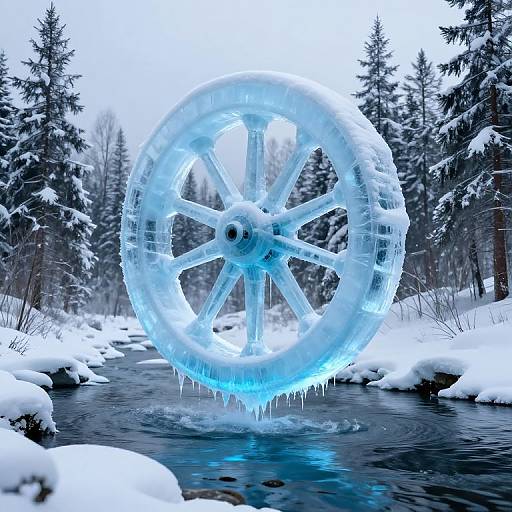 Photograph of a glowing, ice-encased, large wheel floating in a snowy forest stream, surrounded by snow-covered trees and icy water.