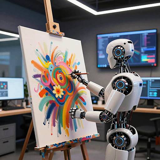 Photograph of a white robotic arm-painting a vibrant, abstract painting with swirls of colorful splashes on an easel in a modern, lit