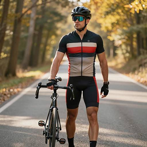 Photograph of a muscular man with fair skin, wearing a black helmet, red, gray, and black cycling jersey, black shorts, and gloves,