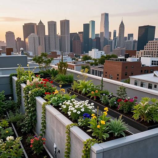 Photograph of a rooftop garden with vibrant flowers and greenery, overlooking a sunset-lit Chicago skyline with skyscrapers in the background.