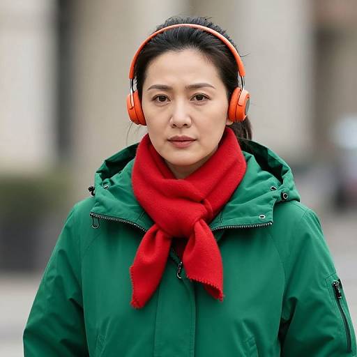 Woman in Winter Coat with Earbuds