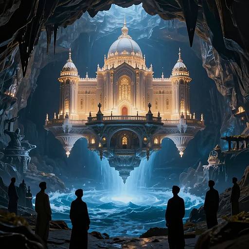 Photorealistic digital art: Silhouetted figures in a cave gaze at a glowing, illuminated domed palace with cascading waterfalls in the