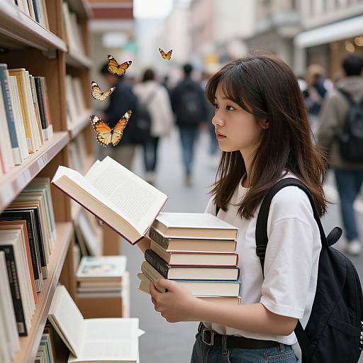 Photograph of an Asian woman with shoulder-length brown hair, white shirt, and black backpack, reading books in a bustling bookstore, with orange butterflies hovering