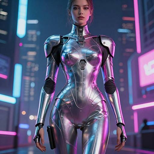 CGI image of a futuristic, silver, high-tech, form-fitting bodysuit-wearing woman with glowing neon cityscape background, showcasing cyber