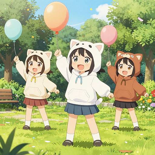 Three anime girls in cat-themed hoodies holding colorful balloons in a sunny, green park. Digital illustration, vibrant colors, playful scene.