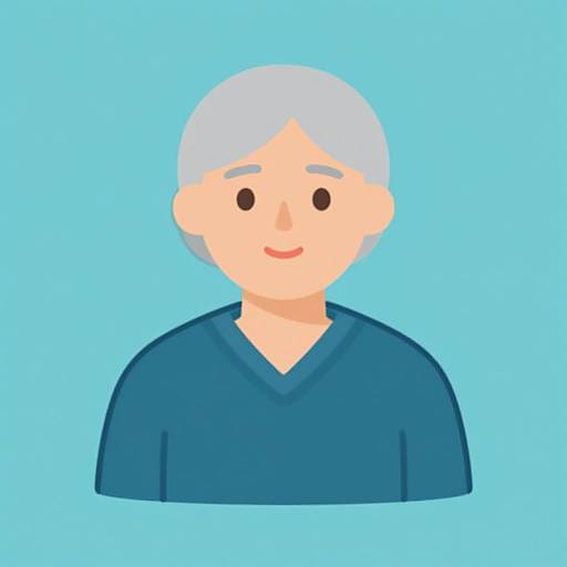 Digital cartoon of elderly person with light blue hair, fair skin, simple smile, wearing dark blue V-neck shirt, against light blue background.