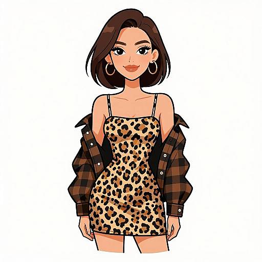 Digital illustration of a confident woman with short brown hair, wearing a leopard-print dress, black off-shoulder jacket, and large hoop earrings.