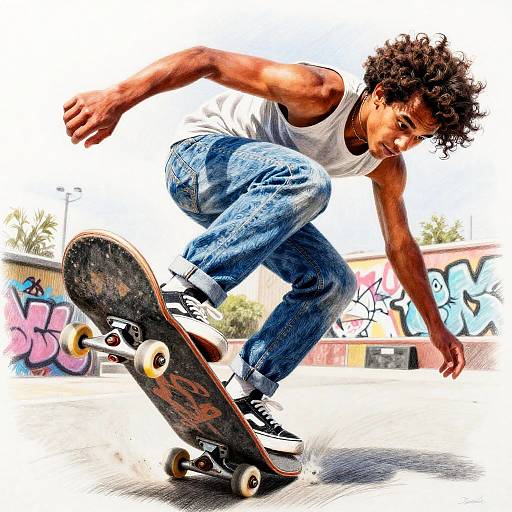 Vibrant Pencil Skateboarder Mid-Trick Portrait