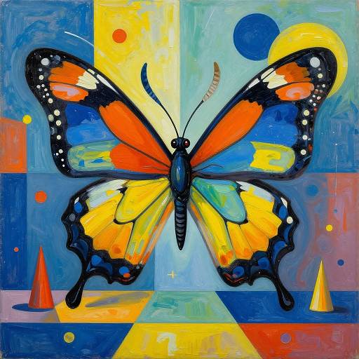 Vibrant abstract painting of a butterfly with orange, yellow, and blue wings, surrounded by geometric shapes and colorful cones, set against a vivid,