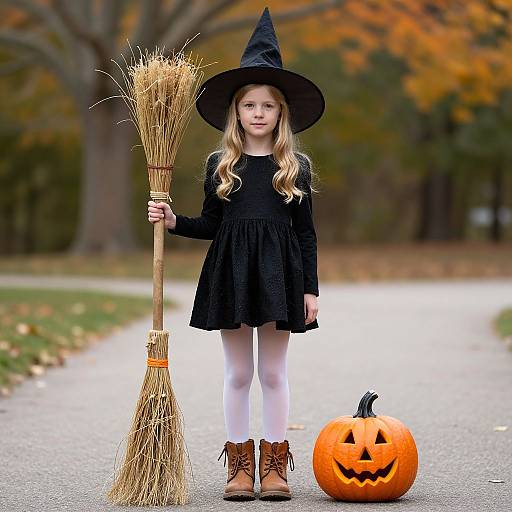 Photograph of a young blonde girl in a black witch hat, dress, and white tights, holding a broom, standing beside a carved jack