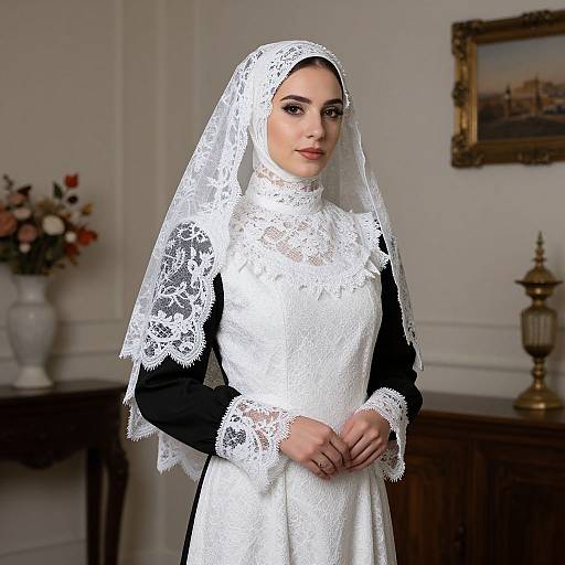 Photograph of a young woman in a white lace bridal maid outfit with veil, standing in a classic, decorated room.