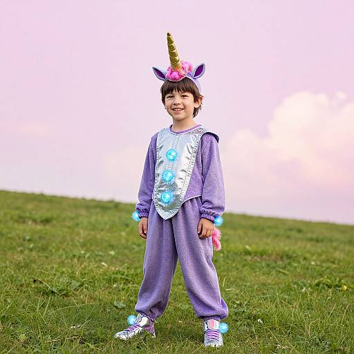 Photograph of a young boy in a purple unicorn costume, with a horn, flower headband, glowing chest piece, and grassy background.