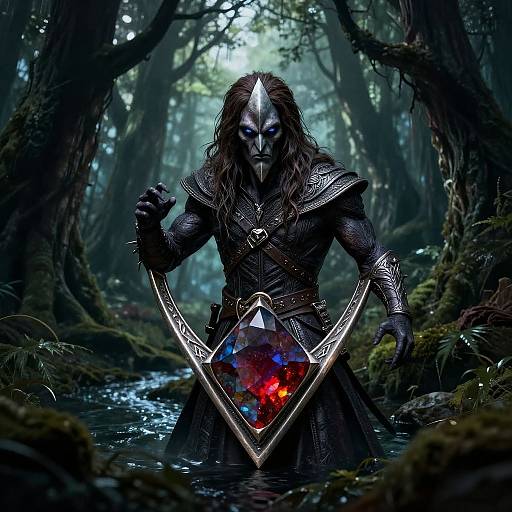 Dark, muscular forest creature with blue-gray skin, long hair, horned mask, armored chest, and glowing crystal sword, standing in a mossy
