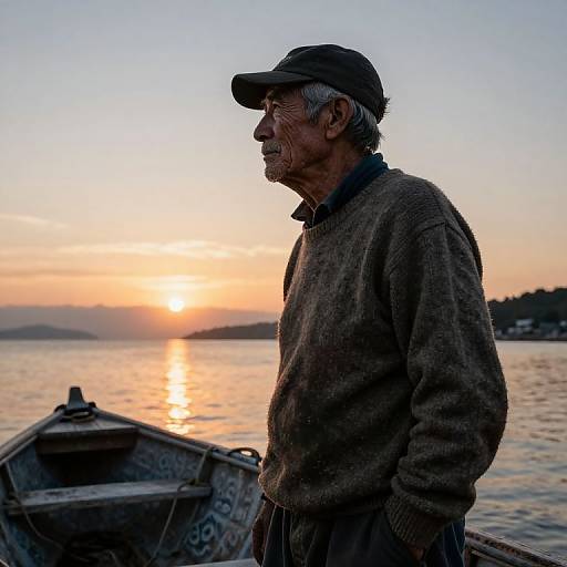 Photograph of an elderly man with gray hair and beard, wearing a brown cap and sweater, standing by a calm lake at sunset, with a small