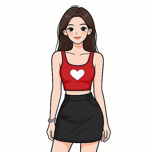 Digital anime-style drawing of a smiling woman with long brown hair, wearing a red crop top with a white heart, black high-waisted skirt,