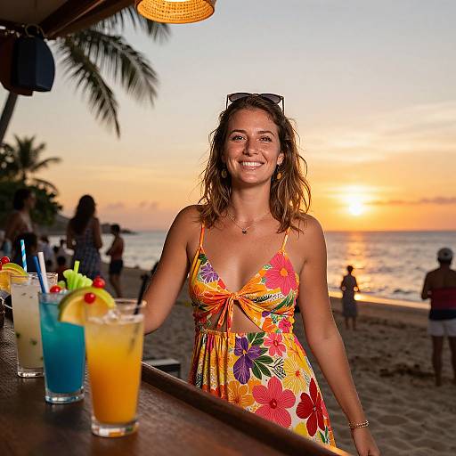Photograph of smiling woman in vibrant floral sundress, standing at beach bar, sunset background, colorful drinks in foreground, palm tree to left.