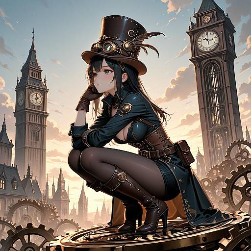 Steampunk Girl with Clock Tower and Gears