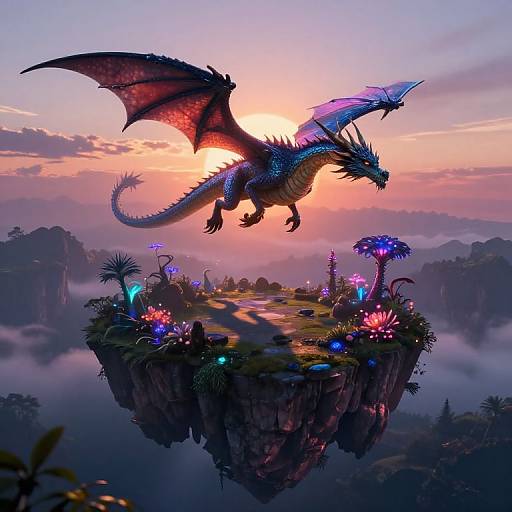 Digital fantasy artwork: Vibrant, glowing dragon with purple wings and blue scales soaring above a magical, mushroom-covered floating island at sunset.