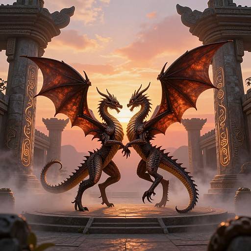 Digital artwork of two majestic, red-scaled dragons with large wings facing each other in an ancient, stone temple at sunset.