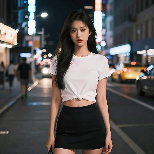 Photograph of an Asian woman with long black hair, wearing a tied white crop top and black mini skirt, standing on a neon-lit city street