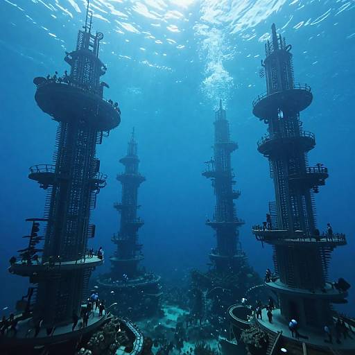 Photograph of underwater sci-fi structures with tall, intricate, dark metal towers surrounded by a blue, sunlit ocean, with small silhouetted