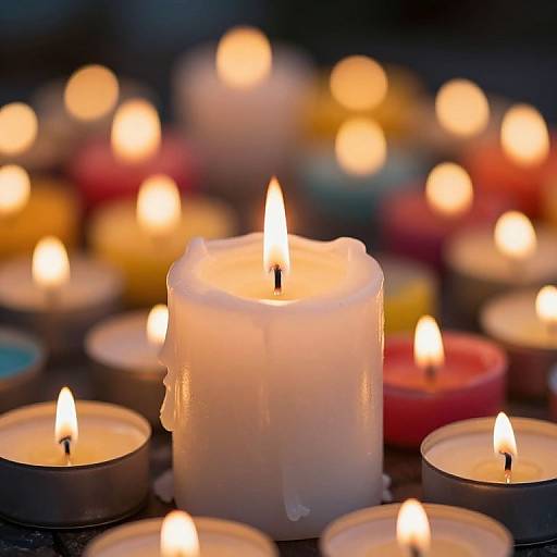 Photograph of a melting white candle surrounded by numerous lit tealight candles, creating a warm, glowing, and serene atmosphere.