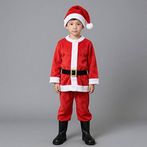 Photograph of an Asian child with light skin, wearing a red Santa outfit with white trim, black belt, and boots, standing against a plain gray