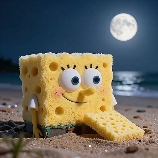 Photograph of a SpongeBob SquarePants plush toy with cartoon eyes, smiling on a moonlit beach with a full moon in the background.