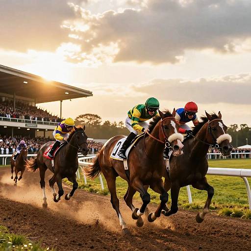 Intense Sunset Horse Racing Scene
