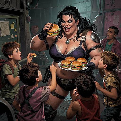 Digital comic-style illustration: A muscular, black-haired woman in a black bra and arm armor, feeding burgers to four excited, ragged children in a