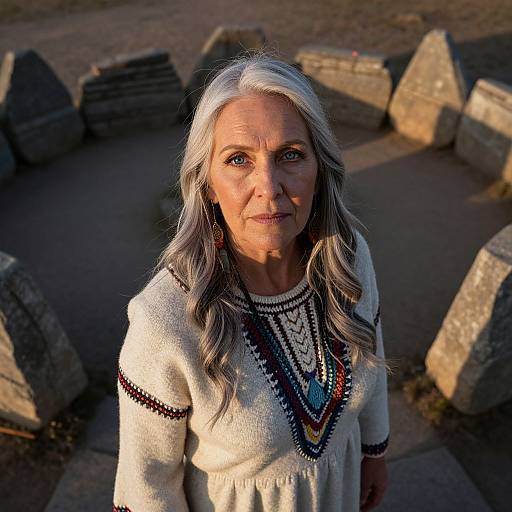 Photograph of an elderly woman with long white hair, wearing a white dress with colorful beadwork, standing among ancient stone ruins at sunset.