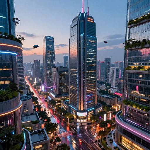 Photograph of a futuristic cityscape at dusk, featuring neon-lit skyscrapers, busy streets with light trails, flying saucer-like drones,