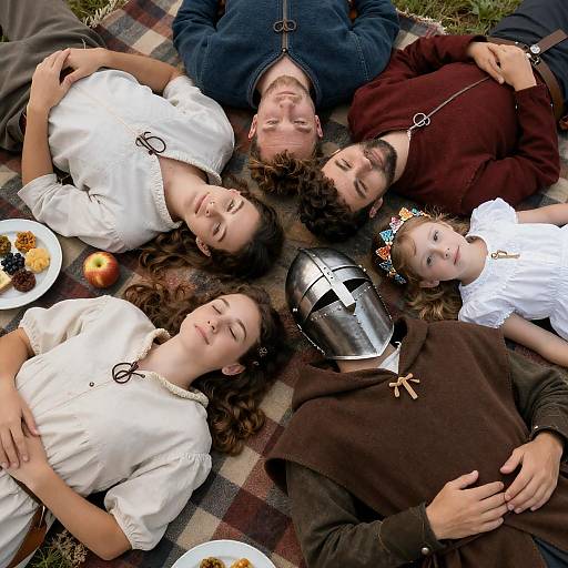 Medieval Family Picnic on Plaid Blanket