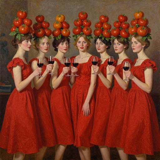Photorealistic painting of five fair-skinned women in red dresses, holding wine glasses, with tomatoes stacked on their heads, standing in a row.