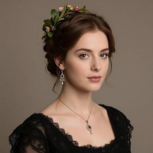 Photograph of a fair-skinned woman with dark brown hair in an updo, wearing a black lace dress, floral headpiece, elegant earrings,