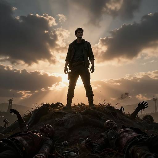 Silhouetted man standing on pile of corpses at sunset, backlit by sun rays, dark clouds, and scattered debris, creating dramatic, ominous