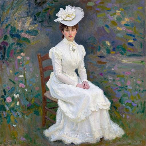 Impressionist painting of a young woman in a white, Victorian-style dress and hat, seated on a wooden chair in a colorful, flower-filled garden