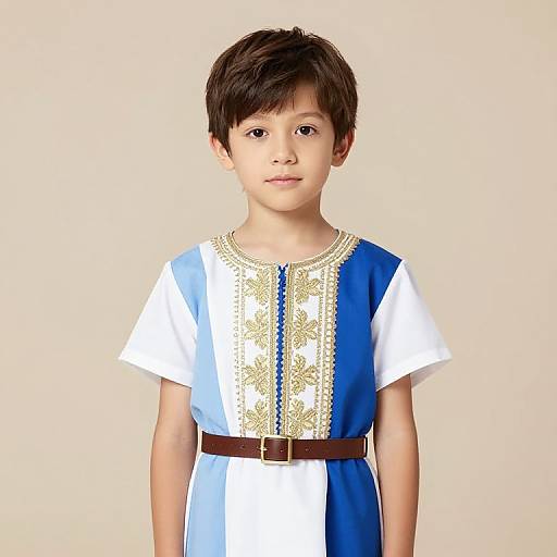Boy in Embroidered Blue and White Dress