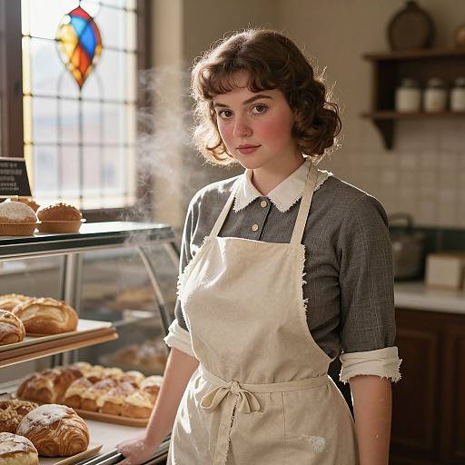 Photograph of a young, fair-skinned woman with short brown hair, wearing a gray shirt and white apron, standing in a sunlit bakery