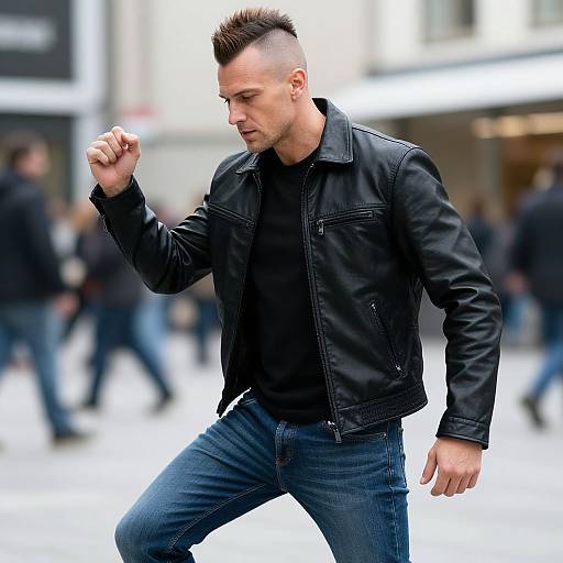 Photograph of a fit, muscular man with short, spiked brown hair, wearing a black leather jacket and blue jeans, punching the air in an urban