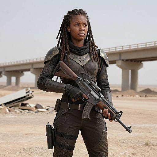 Photograph of an African woman with dreadlocks, wearing black tactical armor and holding a rifle, standing in a desolate, desert-like area with a