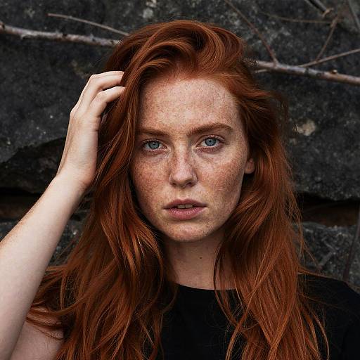 Photograph of a freckled, red-haired woman with blue eyes, wearing a black top, hand in hair, against a dark, textured stone