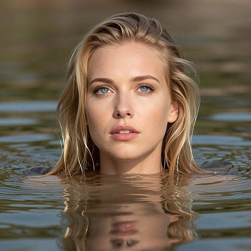 Photograph of a blonde woman with blue eyes, wet hair, and light skin, partially submerged in water, staring intently forward.
